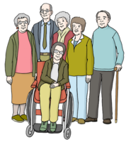 Mehrere Personen mit grauen Haaren. Ein Mann hat einen geh-Stock. Eine andere Person sitzt im Rollstuhl.